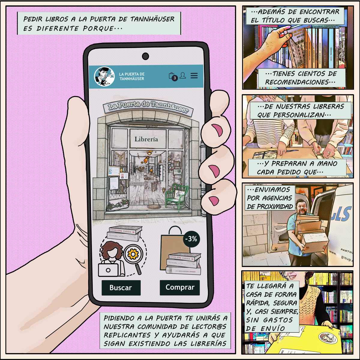 Ilustración en estilo cómic sobre La Puerta de Tannhäuser: encontrar el título que buscas, recomendaciones de nuestras libreras, pedidos preparados a mano, enviados por agencias de proximidad para que lleguen rápido y sin gastos de envío